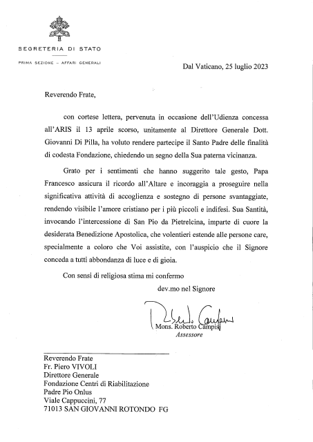 LETTERA DI PAPA FRANCESCO ALLA FONDAZIONE